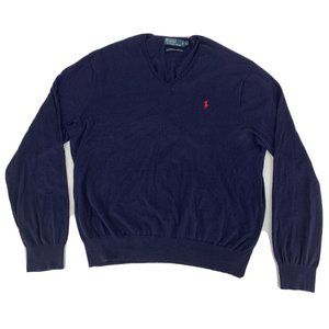 Men's Polo by Ralph Lauren Long Sleeve‎ V-Neck Sweater Blue XL 100% Pima Cotton